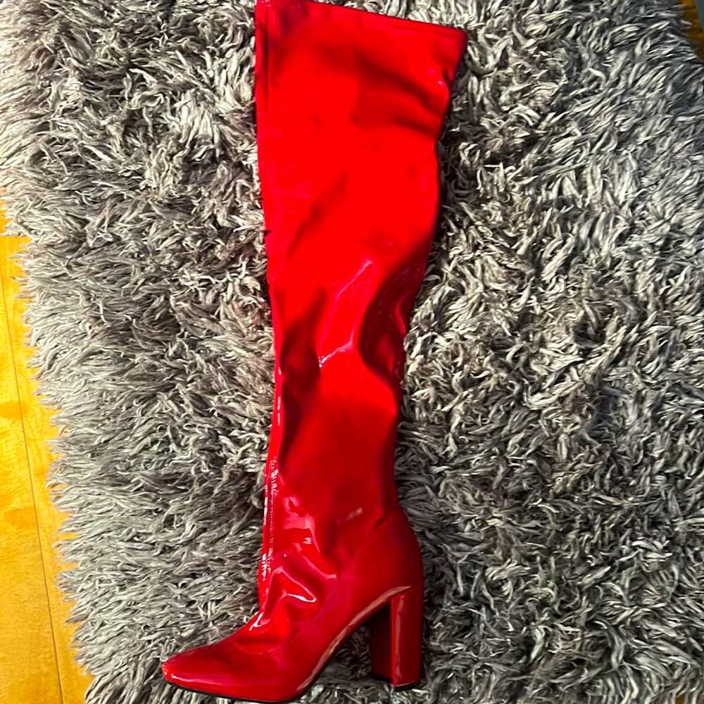 Red thigh high boots